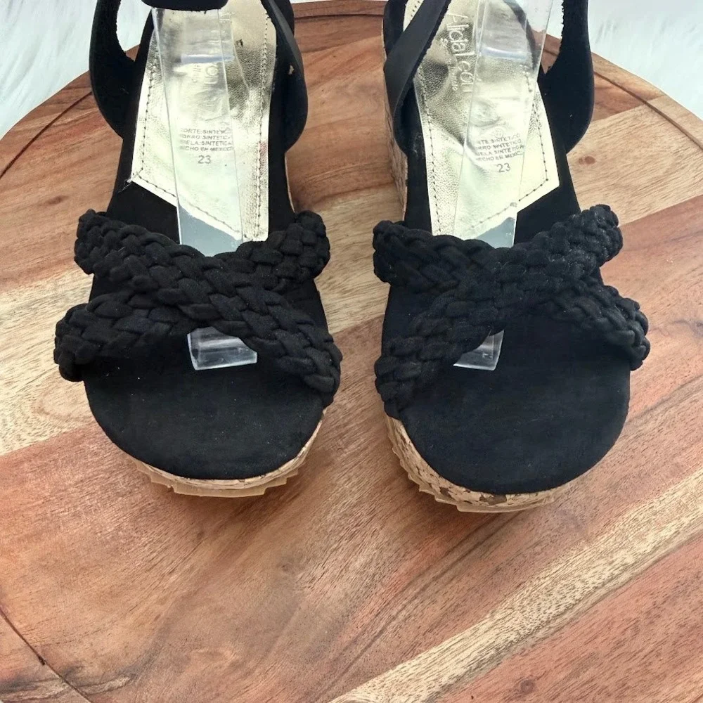 Alicia Leon Black Braided Platform Wedge Size 6 Sandals Cork Heel LIGHT WEIGHT
